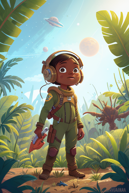 a Bahamian girl in a wasteland, explorer suit, alien planet, space, starfield, kid, Palm Oil Plantation <lora:COOLKIDS_MER...